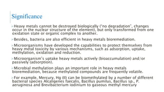 Heavy metals cannot be destroyed biologically (“no degradation”, changes
occur in the nuclear structure of the element), but only transformed from one
oxidation state or organic complex to another.
Besides, bacteria are also efficient in heavy metals bioremediation.
Microorganisms have developed the capabilities to protect themselves from
heavy metal toxicity by various mechanisms, such as adsorption, uptake,
methylation, oxidation and reduction.
Microorganism’s uptake heavy metals actively (bioaccumulation) and/or
passively (adsorption).
Microbial methylation plays an important role in heavy metals
bioremediation, because methylated compounds are frequently volatile.
For example, Mercury, Hg (II) can be biomethylated by a number of different
bacterial species Alcaligenes faecalis, Bacillus pumilus, Bacillus sp., P.
aeruginosa and Brevibacterium iodinium to gaseous methyl mercury
Significance
 