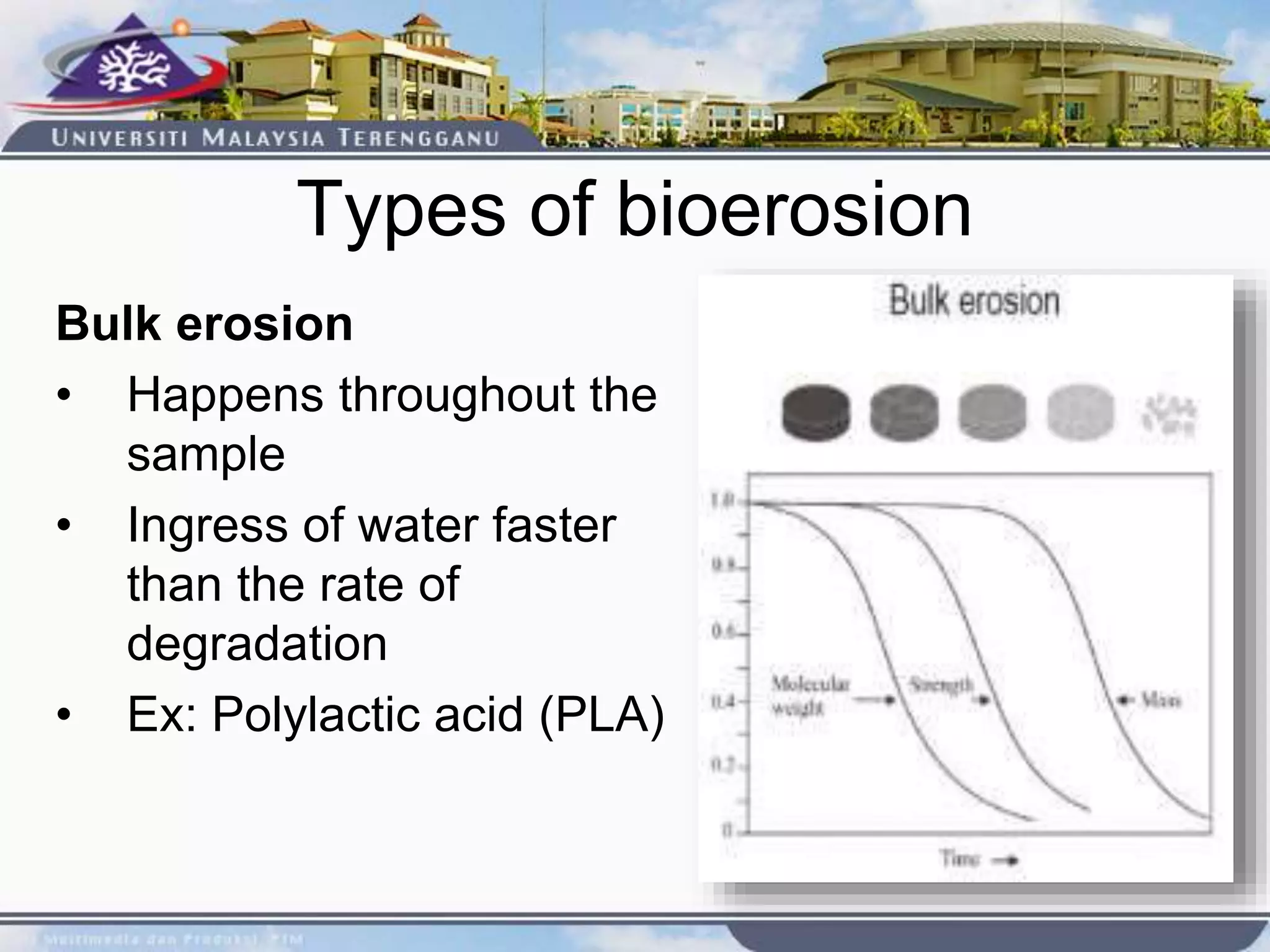 Types of bioerosion
Bulk erosion
• Happens throughout the
sample
• Ingress of water faster
than the rate of
degradation
• Ex: Polylactic acid (PLA)
 