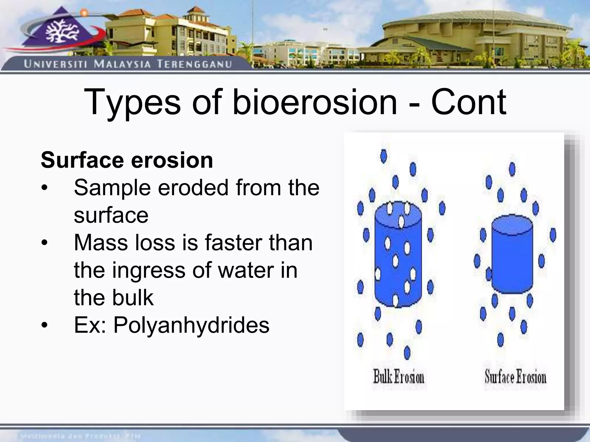Types of bioerosion - Cont
Surface erosion
• Sample eroded from the
surface
• Mass loss is faster than
the ingress of water in
the bulk
• Ex: Polyanhydrides
 