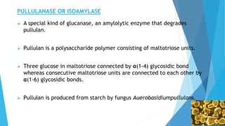 PULLULANASE OR ISOAMYLASE
 A special kind of glucanase, an amylolytic enzyme that degrades
pullulan.
 Pullulan is a polysaccharide polymer consisting of maltotriose units.
 Three glucose in maltotriose connected by α(1-4) glycosidic bond
whereas consecutive maltotriose units are connected to each other by
α(1-6) glycosidic bonds.
 Pullulan is produced from starch by fungus Auerobasidiumpullulans.
 