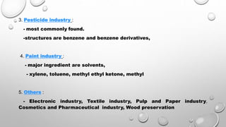 3. Pesticide industry :
- most commonly found.
-structures are benzene and benzene derivatives,
4. Paint industry :
- major ingredient are solvents,
- xylene, toluene, methyl ethyl ketone, methyl
5. Others :
- Electronic industry, Textile industry, Pulp and Paper industry,
Cosmetics and Pharmaceutical industry, Wood preservation
 