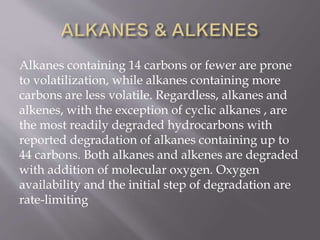 Alkanes containing 14 carbons or fewer are prone
to volatilization, while alkanes containing more
carbons are less volatile. Regardless, alkanes and
alkenes, with the exception of cyclic alkanes , are
the most readily degraded hydrocarbons with
reported degradation of alkanes containing up to
44 carbons. Both alkanes and alkenes are degraded
with addition of molecular oxygen. Oxygen
availability and the initial step of degradation are
rate-limiting
 