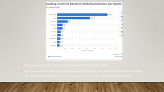 • These countries are the major producers of the biodiesel.
• India is not the leading producer of the biodiesel due to lack of mass production
and the low availability of the crops required for the producing biodiesel.
 