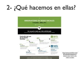 2- ¿Qué hacemos en ellas?




                    http://www.tcanalysis.com/
                     2012/05/09/infograﬁa-4ª-
                     oleada-observatorio-de-
                           redes-sociales/
 