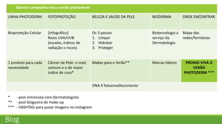 Blog
Banner campanha viva o verão photoderm
LINHA PHOTODERM FOTOPROTEÇÃO BELEZA E SAÚDE DA PELE BIODERMA ONDE ENCONTRAR
Bioproteção Celular [Infográfico]
Raios UVA/UVB
(escalas, índices de
radiação x riscos)
Os 3 passos
1. Limpar
2. Hidratar
3. Proteger
Biotecnologia a
serviço da
Dermatologia
Mapa das
redes/farmácias
1 produto para cada
necessidade
Câncer de Pele: o mais
comum e o de maior
índice de cura*
Makes para o Verão** Marcas líderes PROMO VIVA O
VERÃO
PHOTODERM ***
DNA X fotoenvelhecimento
* - post entrevista com Dermatologista
** - post blogueira de make-up
*** - HASHTAG para puxar imagens no instagram
 