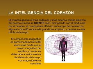 LA INTELIGENCIA DEL CORAZÓN
El corazón genera el más poderoso y más extenso campo eléctrico
del cuerpo cuando se SIENTE bien. Comparado con el producido
por el cerebro, el componente eléctrico del campo del corazón es
algo así como 60 veces más grande en amplitud, y penetra a cada
célula del cuerpo.
El componente magnético
es aproximadamente 5000
veces más fuerte que el
campo magnético del
cerebro y puede ser
detectado a varios metros
de distancia del cuerpo
con magnetómetros
sensibles
 