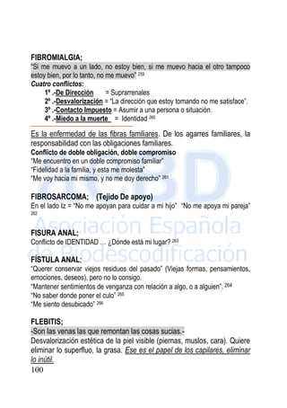 100
FIBROMIALGIA;
“Si me muevo a un lado, no estoy bien, si me muevo hacia el otro tampoco
estoy bien, por lo tanto, no me muevo” 259
Cuatro conflictos:
1º .-De Dirección = Suprarrenales
2º .-Desvalorización = “La dirección que estoy tomando no me satisface”.
3º .-Contacto Impuesto = Asumir a una persona o situación.
4º .-Miedo a la muerte = Identidad 260
--------------------------------------------------------------------
Es la enfermedad de las fibras familiares. De los agarres familiares, la
responsabilidad con las obligaciones familiares.
Conflicto de doble obligación, doble compromiso
“Me encuentro en un doble compromiso familiar”
“Fidelidad a la familia, y esta me molesta”
“Me voy hacia mi mismo, y no me doy derecho” 261
FIBROSARCOMA; (Tejido De apoyo)
En el lado Iz = “No me apoyan para cuidar a mi hijo” “No me apoya mi pareja”
262
FISURA ANAL;
Conflicto de IDENTIDAD … ¿Dónde está mi lugar? 263
FÍSTULA ANAL;
“Querer conservar viejos residuos del pasado” (Viejas formas, pensamientos,
emociones, deseos), pero no lo consigo.
“Mantener sentimientos de venganza con relación a algo, o a alguien”. 264
“No saber donde poner el culo” 265
“Me siento desubicado” 266
FLEBITIS;
-Son las venas las que remontan las cosas sucias.-
Desvalorización estética de la piel visible (piernas, muslos, cara). Quiere
eliminar lo superfluo, la grasa. Ese es el papel de los capilares, eliminar
lo inútil.
 