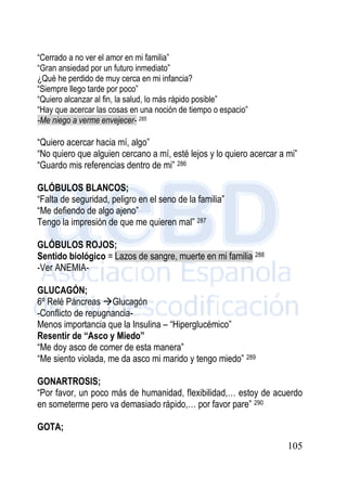105
“Cerrado a no ver el amor en mi familia”
“Gran ansiedad por un futuro inmediato”
¿Qué he perdido de muy cerca en mi infancia?
“Siempre llego tarde por poco”
“Quiero alcanzar al fin, la salud, lo más rápido posible”
“Hay que acercar las cosas en una noción de tiempo o espacio”
-Me niego a verme envejecer- 285
“Quiero acercar hacia mí, algo”
“No quiero que alguien cercano a mí, esté lejos y lo quiero acercar a mi”
“Guardo mis referencias dentro de mi” 286
GLÓBULOS BLANCOS;
“Falta de seguridad, peligro en el seno de la familia”
“Me defiendo de algo ajeno”
Tengo la impresión de que me quieren mal” 287
GLÓBULOS ROJOS;
Sentido biológico = Lazos de sangre, muerte en mi familia 288
-Ver ANEMIA-
GLUCAGÓN;
6º Relé Páncreas Glucagón
-Conflicto de repugnancia-
Menos importancia que la Insulina – “Hiperglucémico”
Resentir de “Asco y Miedo”
“Me doy asco de comer de esta manera”
“Me siento violada, me da asco mi marido y tengo miedo” 289
GONARTROSIS;
“Por favor, un poco más de humanidad, flexibilidad,… estoy de acuerdo
en someterme pero va demasiado rápido,… por favor pare” 290
GOTA;
 