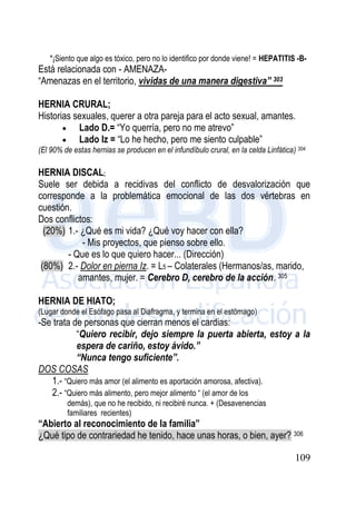 109
*¡Siento que algo es tóxico, pero no lo identifico por donde viene! = HEPATITIS -B-
Está relacionada con - AMENAZA-
“Amenazas en el territorio, vividas de una manera digestiva” 303
HERNIA CRURAL;
Historias sexuales, querer a otra pareja para el acto sexual, amantes.
 Lado D.= “Yo querría, pero no me atrevo”
 Lado Iz = “Lo he hecho, pero me siento culpable”
(El 90% de estas hernias se producen en el infundíbulo crural, en la celda Linfática) 304
HERNIA DISCAL;
Suele ser debida a recidivas del conflicto de desvalorización que
corresponde a la problemática emocional de las dos vértebras en
cuestión.
Dos conflictos:
(20%) 1.- ¿Qué es mi vida? ¿Qué voy hacer con ella?
- Mis proyectos, que pienso sobre ello.
- Que es lo que quiero hacer... (Dirección)
(80%) 2.- Dolor en pierna Iz. = L5 – Colaterales (Hermanos/as, marido,
amantes, mujer. = Cerebro D, cerebro de la acción. 305
HERNIA DE HIATO;
(Lugar donde el Esófago pasa al Diafragma, y termina en el estómago)
-Se trata de personas que cierran menos el cardias:
“Quiero recibir, dejo siempre la puerta abierta, estoy a la
espera de cariño, estoy ávido.”
“Nunca tengo suficiente”.
DOS COSAS
1.- “Quiero más amor (el alimento es aportación amorosa, afectiva).
2.- “Quiero más alimento, pero mejor alimento “ (el amor de los
demás), que no he recibido, ni recibiré nunca. + (Desavenencias
familiares recientes)
“Abierto al reconocimiento de la familia”
¿Qué tipo de contrariedad he tenido, hace unas horas, o bien, ayer? 306
 