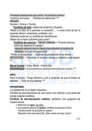 113
“He estado decepcionado por el amor y he cerrado el corazón”
“Conflictos de líquidos” “Pérdida de referencias” 324
HÍGADO;
Hambre + Dinero + Familia
*Conflicto de falta: medios de existencia, situación.
“Miedo a la falta de lo esencial, lo necesario”,… o vivido como tal por el
paciente (dinero, vacaciones, profesión, etc.)
-Además puede ser un conflicto por identificación.
“Miedo de no tener suficiente para comer”.
*Conflicto de carencia = Cáncer y Nódulos = “Cuando estamos
enfermos dejamos de trabajar”
-Necesito producir mucho hígado para absorber el máximo de
Alimento- Solución de superación-
“Temas de fe espiritual”… Historias de predilección en la familia…
METÁSTASIS = “Prevengo el hambre, porque el intestino está tapado”
325
Marco familiar = Falta, Miedo = Padre-Hijo
Quimioterapia = Envenenamiento, sentirse envenenado por la quicio. 326
HIPO;
Parar el tiempo- “Tengo derecho a vivir a condición de que el tiempo se
ralentice” - Todo va muy deprisa- 327
HIPODERMIS;
-La hipodermis es un tejido conjuntivo.-
Conflicto de desvalorización de uno mismo con relación a una parte del
cuerpo juzgada inestética.
Conflicto de desvalorización estética, periférica, nos quejamos de
nuestra silueta.
 Retención de agua: ver riñón.
 Acumulación general de grasas: conflicto de abandono físico.
Transformación de azúcares en grasas:
“Necesito amor pero desconfío. Sólo cuento conmigo mismo”.
 