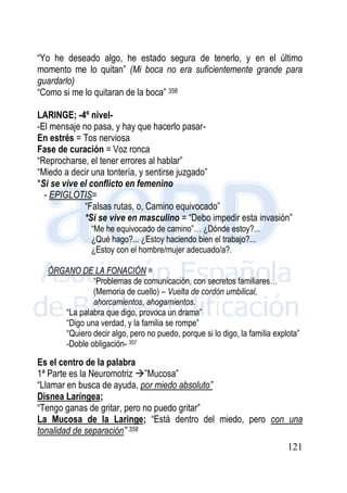 121
“Yo he deseado algo, he estado segura de tenerlo, y en el último
momento me lo quitan” (Mi boca no era suficientemente grande para
guardarlo)
“Como si me lo quitaran de la boca” 356
LARINGE; -4º nivel-
-El mensaje no pasa, y hay que hacerlo pasar-
En estrés = Tos nerviosa
Fase de curación = Voz ronca
“Reprocharse, el tener errores al hablar”
“Miedo a decir una tontería, y sentirse juzgado”
*Si se vive el conflicto en femenino
- EPIGLOTIS=
“Falsas rutas, o, Camino equivocado”
*Si se vive en masculino = “Debo impedir esta invasión”
“Me he equivocado de camino”… ¿Dónde estoy?...
¿Qué hago?... ¿Estoy haciendo bien el trabajo?...
¿Estoy con el hombre/mujer adecuado/a?.
ÓRGANO DE LA FONACIÓN =
“Problemas de comunicación, con secretos familiares…
(Memoria de cuello) – Vuelta de cordón umbilical,
ahorcamientos, ahogamientos.
“La palabra que digo, provoca un drama”
“Digo una verdad, y la familia se rompe”
“Quiero decir algo, pero no puedo, porque si lo digo, la familia explota”
-Doble obligación- 357
Es el centro de la palabra
1ª Parte es la Neuromotriz ”Mucosa”
“Llamar en busca de ayuda, por miedo absoluto”
Disnea Laríngea;
“Tengo ganas de gritar, pero no puedo gritar”
La Mucosa de la Laringe; “Está dentro del miedo, pero con una
tonalidad de separación” 358
 