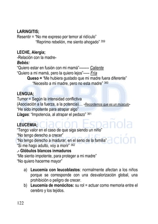 122
LARINGITIS;
Resentir = “No me expreso por temor al ridículo”
“Reprimo rebelión, me siento ahogado” 359
LECHE, Alergia;
-Relación con la madre-
Bebés:
“Quiero estar en fusión con mi mamá”-------- Caliente
“Quiero a mi mamá, pero la quiero lejos”----- Fría
Queso = “Me hubiera gustado que mi madre fuera diferente”
“Necesito a mi madre, pero no esta madre” 360
LENGUA;
Tumor = Según la intensidad conflictiva
(Asociación a la fuerza, a la potencia)… -Recordemos que es un músculo-
“He sido impotente para atrapar algo”
Llagas: “Impotencia, al atrapar el pedazo” 361
LEUCEMIA;
“Tengo valor en el caso de que siga siendo un niño”
“No tengo derecho a crecer”
“No tengo derecho a madurar, en el seno de la familia”
“Si me hago adulto, voy a morir” 362
.- Glóbulos blancos inmaduros
“Me siento impotente, para proteger a mi madre”
“No quiero hacerme mayor”
a) Leucemia con leucoblastos: normalmente afectan a los niños
porque se corresponde con una desvalorización global, una
prohibición o peligro de crecer.
b) Leucemia de monócitos: su rol = actuar como memoria entre el
cerebro y los tejidos.
 