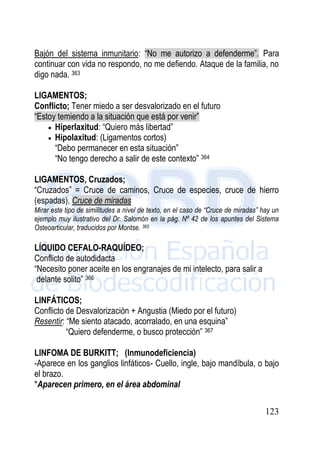123
Bajón del sistema inmunitario: “No me autorizo a defenderme”. Para
continuar con vida no respondo, no me defiendo. Ataque de la familia, no
digo nada. 363
LIGAMENTOS;
Conflicto; Tener miedo a ser desvalorizado en el futuro
“Estoy temiendo a la situación que está por venir”
 Hiperlaxitud: “Quiero más libertad”
 Hipolaxitud: (Ligamentos cortos)
“Debo permanecer en esta situación”
“No tengo derecho a salir de este contexto” 364
LIGAMENTOS, Cruzados;
“Cruzados” = Cruce de caminos, Cruce de especies, cruce de hierro
(espadas), Cruce de miradas
Mirar este tipo de similitudes a nivel de texto, en el caso de “Cruce de miradas” hay un
ejemplo muy ilustrativo del Dr. Salomón en la pág. Nº 42 de los apuntes del Sistema
Osteoarticular, traducidos por Montse. 365
LÍQUIDO CEFALO-RAQUÍDEO;
Conflicto de autodidacta
“Necesito poner aceite en los engranajes de mi intelecto, para salir a
delante solito” 366
LINFÁTICOS;
Conflicto de Desvalorización + Angustia (Miedo por el futuro)
Resentir: “Me siento atacado, acorralado, en una esquina”
“Quiero defenderme, o busco protección” 367
LINFOMA DE BURKITT; (Inmunodeficiencia)
-Aparece en los ganglios linfáticos- Cuello, ingle, bajo mandíbula, o bajo
el brazo.
*Aparecen primero, en el área abdominal
 