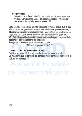 138
Poliquísticos;
“Sometidas a su loba interna” - *Maridos inmaduros, emocionalmente*
“Celosas, Controladoras, Exceso de responsabilidades” – “Ingenieras”
3er. Nivel = “Seducción, atraer a macho” 433
Este conflicto de pérdida es más frecuente y menos grave que el que
afecta las células germinativas (teratoma, seminoma, quiste dermoide).
-Conflicto de pérdida o semi-genital feo, acompañado de sentimiento de
culpabilidad, al que se añade a menudo algo desagradable, un golpe bajo.
-Conflicto de pérdida de un hijo virtual o de ser denigrado, amonestado,
desgarrado por una persona del otro sexo.
Por ejemplo, pelea desagradable con un hombre.
“Miedo anticipado a perder”. 434
OVARIOS: CÉLULAS GERMINATIVAS;
Conflicto grave de pérdida, ej. muerte de una persona, animal...
Es más raro que el conflicto de gónadas mesodérmicas; representa el
10% de los tumores. 435
 