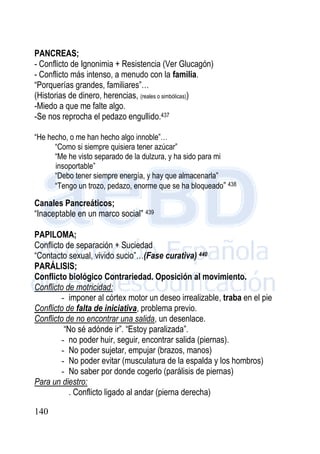 140
PANCREAS;
- Conflicto de Ignonimia + Resistencia (Ver Glucagón)
- Conflicto más intenso, a menudo con la familia.
“Porquerías grandes, familiares”…
(Historias de dinero, herencias, (reales o simbólicas))
-Miedo a que me falte algo.
-Se nos reprocha el pedazo engullido.437
“He hecho, o me han hecho algo innoble”…
“Como si siempre quisiera tener azúcar”
“Me he visto separado de la dulzura, y ha sido para mi
insoportable”
“Debo tener siempre energía, y hay que almacenarla”
“Tengo un trozo, pedazo, enorme que se ha bloqueado” 438
Canales Pancreáticos;
“Inaceptable en un marco social” 439
PAPILOMA;
Conflicto de separación + Suciedad
“Contacto sexual, vivido sucio”…(Fase curativa) 440
PARÁLISIS;
Conflicto biológico Contrariedad. Oposición al movimiento.
Conflicto de motricidad:
- imponer al córtex motor un deseo irrealizable, traba en el pie
Conflicto de falta de iniciativa, problema previo.
Conflicto de no encontrar una salida, un desenlace.
“No sé adónde ir”. “Estoy paralizada”.
- no poder huir, seguir, encontrar salida (piernas).
- No poder sujetar, empujar (brazos, manos)
- No poder evitar (musculatura de la espalda y los hombros)
- No saber por donde cogerlo (parálisis de piernas)
Para un diestro:
. Conflicto ligado al andar (pierna derecha)
 