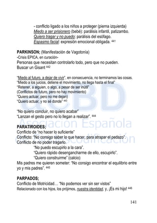 141
- conflicto ligado a los niños a proteger (pierna izquierda)
Miedo a ser prisionero (bebé): parálisis infantil, patizambo.
Quiero tragar y no puedo: parálisis del esófago.
Espasmo facial: expresión emocional obligada. 441
PARKINSON; (Manifestación de Vagotonía)
-Crisis EPICA, en curación-
Personas que necesitan controlarlo todo, pero que no pueden.
Buscar un Gisant 442
“Miedo al futuro, a dejar de vivir”, en consecuencia, no terminamos las cosas.
“Miedo a los juicios, detiene el movimiento, no llega hasta el final”
“Retener, a alguien, o algo, a pesar de ser inútil”
(Conflictos de futuro, pero no hay movimiento)
“Quiero actuar, pero no me dejan)
“Quiero actuar, y no sé donde” 443
“No quiero concluir, no quiero acabar”
“Lanzan el gesto pero no lo llegan a realizar”. 444
PARATIROIDES;
Conflicto de “no hacer lo suficiente”
Conflicto: “No consigo saber lo que hacer, para atrapar el pedazo”.
Conflicto de no poder tragarlo.
“No puedo escupirlo a la cara”.
“Quiero rápido desengancharme de ello, escupirlo”.
“Quiero construirme” (calcio)
Mis padres me quieren someter: “No consigo encontrar el equilibrio entre
yo y mis padres”. 445
PARPADOS;
Conflicto de Motricidad… “No podemos ver sin ser vistos”
Relacionado con los hijos, los prójimos, nuestra identidad, y, ¡Es mi hijo! 446
 