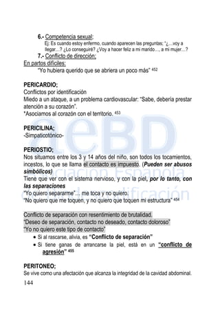 144
6.- Competencia sexual;
Ej: Es cuando estoy enfermo, cuando aparecen las preguntas; “¿…voy a
llegar…? ¿Lo conseguiré? ¿Voy a hacer feliz a mi marido…, a mi mujer…?
7.- Conflicto de dirección;
En partos difíciles:
“Yo hubiera querido que se abriera un poco más” 452
PERICARDIO;
Conflictos por identificación
Miedo a un ataque, a un problema cardiovascular: “Sabe, debería prestar
atención a su corazón”.
*Asociamos al corazón con el territorio. 453
PERICILINA;
-Simpaticotónico-
PERIOSTIO;
Nos situamos entre los 3 y 14 años del niño, son todos los tocamientos,
incestos, lo que se llama el contacto es impuesto. (Pueden ser abusos
simbólicos)
Tiene que ver con el sistema nervioso, y con la piel, por lo tanto, con
las separaciones
“Yo quiero separarme”… me toca y no quiero.
“No quiero que me toquen, y no quiero que toquen mi estructura” 454
Conflicto de separación con resentimiento de brutalidad.
“Deseo de separación, contacto no deseado, contacto doloroso”
“Yo no quiero este tipo de contacto”
 Si al rascarse, alivia, es “Conflicto de separación”
 Si tiene ganas de arrancarse la piel, está en un “conflicto de
agresión” 455
PERITONEO;
Se vive como una afectación que alcanza la integridad de la cavidad abdominal.
 