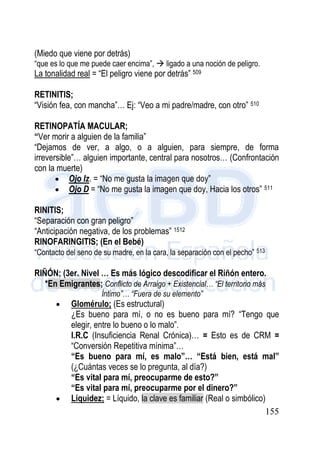155
(Miedo que viene por detrás)
“que es lo que me puede caer encima”,  ligado a una noción de peligro.
La tonalidad real = “El peligro viene por detrás” 509
RETINITIS;
“Visión fea, con mancha”… Ej: “Veo a mi padre/madre, con otro” 510
RETINOPATÍA MACULAR;
“Ver morir a alguien de la familia”
“Dejamos de ver, a algo, o a alguien, para siempre, de forma
irreversible”… alguien importante, central para nosotros… (Confrontación
con la muerte)
 Ojo Iz. = “No me gusta la imagen que doy”
 Ojo D = “No me gusta la imagen que doy, Hacia los otros” 511
RINITIS;
“Separación con gran peligro”
“Anticipación negativa, de los problemas” 1512
RINOFARINGITIS; (En el Bebé)
“Contacto del seno de su madre, en la cara, la separación con el pecho” 513
RIÑÓN; (3er. Nivel … Es más lógico descodificar el Riñón entero.
*En Emigrantes; Conflicto de Arraigo + Existencial… “El territorio más
Íntimo”… “Fuera de su elemento”
 Glomérulo; (Es estructural)
¿Es bueno para mí, o no es bueno para mí? “Tengo que
elegir, entre lo bueno o lo malo”.
I.R.C (Insuficiencia Renal Crónica)… = Esto es de CRM =
“Conversión Repetitiva mínima”…
“Es bueno para mí, es malo”… “Está bien, está mal”
(¿Cuántas veces se lo pregunta, al día?)
“Es vital para mí, preocuparme de esto?”
“Es vital para mí, preocuparme por el dinero?”
 Liquidez; = Líquido, la clave es familiar (Real o simbólico)
 