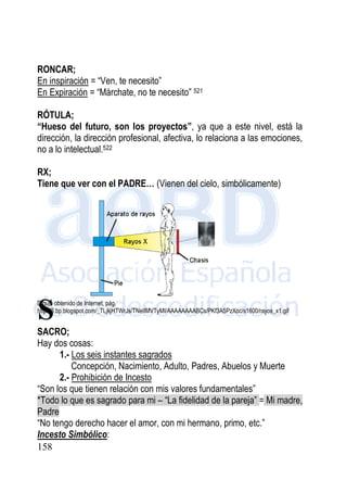 158
RONCAR;
En inspiración = “Ven, te necesito”
En Expiración = “Márchate, no te necesito” 521
RÓTULA;
“Hueso del futuro, son los proyectos”, ya que a este nivel, está la
dirección, la dirección profesional, afectiva, lo relaciona a las emociones,
no a lo intelectual.522
RX;
Tiene que ver con el PADRE… (Vienen del cielo, simbólicamente)
Dibujo obtenido de Internet, pág.
http://3.bp.blogspot.com/_TLjkjHTWrJs/TNelIMVTyMI/AAAAAAAABCs/PKf3A5PzXoc/s1600/rayos_x1.gif
SACRO;
Hay dos cosas:
1.- Los seis instantes sagrados
Concepción, Nacimiento, Adulto, Padres, Abuelos y Muerte
2.- Prohibición de Incesto
“Son los que tienen relación con mis valores fundamentales”
*Todo lo que es sagrado para mi – “La fidelidad de la pareja” = Mi madre,
Padre
“No tengo derecho hacer el amor, con mi hermano, primo, etc.”
Incesto Simbólico:
S
 