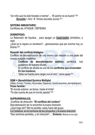 161
“Un niño que ha sido forzado a mamar”… “El pecho no es bueno” 530
Sinusitis = Ano  Temas sexuales sucios 531
SISTEMA INMUNITARIO;
Conflictos de, ATAQUE / DEFENSA
SOBREPESO;
La Retención de líquidos… para apagar un fuego=padre (simbólico, o
real)
¿Qué es lo repara un bombero?... generaciones que por encima hay un
drama.532
Resentir del conflicto biológico
Conflicto de desvalorización de uno mismo con relación a una parte del
cuerpo juzgada inestética.
Conflicto de desvalorización estética, periférica, nos
quejamos de nuestra silueta.
El conflicto de silueta es uno de los conflictos que encarcelan
En los hombros;
“debo ser fuerte para cargar con el otro”, como papá.533
SQM = (Sensibilidad Química Múltiple)
(Olfato, Pulmón, Tiroides, Hormonales, Digestivos, Cardiovasculares, dermatológicos)
Frase familiar:
“El mundo exterior, es tóxico, hasta el límite”
“Te das cuenta de que el mundo apesta” 534
SUPRARRENALES;
-Conflicto de dirección- “El conflicto del cordero”
Desvalorización de no encontrar la buena dirección.
¿Qué hago ahí? Me he perdido, estoy fuera del grupo.
La Cortisona, es la hormona de los proyectos y la buena dirección.
“Nos sentimos perdidos, y sin dirección”… Síntoma: Bolsas en los ojos
 