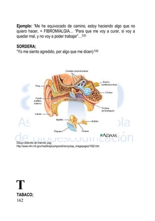 162
Ejemplo: “Me he equivocado de camino, estoy haciendo algo que no
quiero hacer, = FIBROMIALGIA… “Para que me voy a curar, si voy a
quedar mal, y no voy a poder trabajar”…535
SORDERA;
“Yo me siento agredido, por algo que me dicen) 536
Dibujo obtenido de Internet, pág.
http://www.nlm.nih.gov/medlineplus/spanish/ency/esp_imagepages/1092.htm
TABACO;
T
 