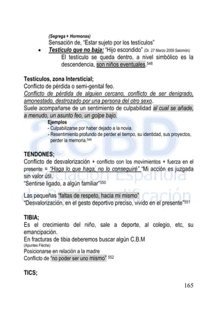 165
(Segrega + Hormonas)
Sensación de, “Estar sujeto por los testículos”
 Testículo que no baja: “Hijo escondido” (Dr. 27 Marzo 2009 Salomón)
El testículo se queda dentro, a nivel simbólico es la
descendencia, son niños eventuales.548
Testículos, zona Intersticial;
Conflicto de pérdida o semi-genital feo.
Conflicto de pérdida de alguien cercano, conflicto de ser denigrado,
amonestado, destrozado por una persona del otro sexo.
Suele acompañarse de un sentimiento de culpabilidad al cual se añade,
a menudo, un asunto feo, un golpe bajo.
Ejemplos
- Culpabilizarse por haber dejado a la novia.
- Resentimiento profundo de perder el tiempo, su identidad, sus proyectos,
perder la memoria.549
TENDONES;
Conflicto de desvalorización + conflicto con los movimientos + fuerza en el
presente = “Haga lo que haga, no lo conseguiré” “Mi acción es juzgada
sin valor útil.
“Sentirse ligado, a algún familiar”550
Las pequeñas “faltas de respeto, hacia mi mismo”
“Desvalorización, en el gesto deportivo preciso, vivido en el presente”551
TIBIA;
Es el crecimiento del niño, sale a deporte, al colegio, etc, su
emancipación.
En fracturas de tibia deberemos buscar algún C.B.M
(Apuntes Flèche)
Posicionarse en relación a la madre
Conflicto de “no poder ser uno mismo” 552
TICS;
 