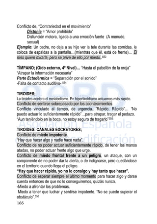 166
Conflicto de, “Contrariedad en el movimiento”
Distonía = “Amor prohibido”
Disfunción motora, ligada a una emoción fuerte (A menudo,
sexual)
Ejemplo: Un padre, no deja a su hijo ver la tele durante las comidas, le
coloca de espaldas a la pantalla…(mientras que él, está de frente)… El
niño quiere mirarla, pero se priva de ello por miedo..553
TÍMPANO; (Oído externo, 4º Nivel)… “Hasta el pabellón de la oreja”
“Atrapar la información necesaria”
Parte Ectodérmica = “Separación por el sonido”
-Falta de contacto auditivo- 554
TIROIDES;
La tiroides acelera el metabolismo. En hipertiroidismo actuamos más rápido.
Conflicto de sentirse sobrepasado por los acontecimientos
Conflicto vinculado al tiempo, de urgencia…”Rápido, Rápido”… “No
puedo actuar lo suficientemente rápido”…para atrapar, tragar el pedazo.
“Aun teniéndolo en la boca, no estoy seguro de tragarlo”555
TIROIDES: CANALES EXCRETORES;
Conflicto de miedo impotente.
“Hay que hacer algo y nadie hace nada”.
Conflicto de no poder actuar suficientemente rápido, de tener las manos
atadas, no poder actuar frente algo que urge.
Conflicto de miedo frontal frente a un peligro, un ataque, con un
componente de no poder dar la alerta, o de indignarse, pero quedándose
en el territorio cuando llega el peligro.
“Hay que hacer rápido, yo no lo consigo y hay tanto que hacer”.
Conflicto de esperar siempre el último momento para hacer algo y darse
cuenta entonces de que no lo conseguiremos, quizás nunca.
-Miedo a afrontar los problemas.
Miedo a tener que luchar y sentirse impotente. “No se puede superar el
obstáculo”.556
 