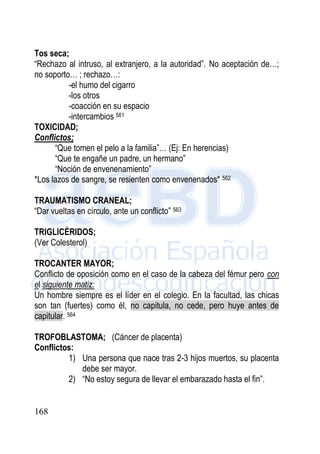 168
Tos seca;
“Rechazo al intruso, al extranjero, a la autoridad”. No aceptación de…;
no soporto… ; rechazo…:
-el humo del cigarro
-los otros
-coacción en su espacio
-intercambios 561
TOXICIDAD;
Conflictos;
“Que tomen el pelo a la familia”… (Ej: En herencias)
“Que te engañe un padre, un hermano”
“Noción de envenenamiento”
*Los lazos de sangre, se resienten como envenenados* 562
TRAUMATISMO CRANEAL;
“Dar vueltas en círculo, ante un conflicto” 563
TRIGLICÉRIDOS;
(Ver Colesterol)
TROCANTER MAYOR;
Conflicto de oposición como en el caso de la cabeza del fémur pero con
el siguiente matiz:
Un hombre siempre es el líder en el colegio. En la facultad, las chicas
son tan (fuertes) como él, no capitula, no cede, pero huye antes de
capitular. 564
TROFOBLASTOMA; (Cáncer de placenta)
Conflictos:
1) Una persona que nace tras 2-3 hijos muertos, su placenta
debe ser mayor.
2) “No estoy segura de llevar el embarazado hasta el fin”.
 