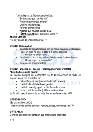 172
* Historias con la fabricación de niños:
- “Embarazos que han ido mal”
- “Recién nacidos que mueren”
- “Un niño mal formado”
- “Abortos clandestinos”
- “Madres que mueren dando a luz”
 Útero, Cuello: (Ver cuello del útero)577
Mioma Uterino;
“No soy capaz de encontrar pareja” 578
ÚTERO, Músculo liso
 Conflicto de desvalorización por no poder quedarse embarazada,
tener un hijo o no tener el bebé o la familia deseada.
“Hijo que no tendré nunca”.
 Un aborto, un aborto espontáneo, bebé muerto: duelo no llevado.
“No soy capaz de traer un hijo”.
 Deseo de un embarazo ideal.
ÚTERO; mucosa del cuerpo (correspondencia: próstata)
“Familia fuera de la norma”
La función biológica del endometrio va de la concepción al parto, en
consecuencia, los conflictos van:
 del conflicto sexual (momento del acto sexual)
 conflicto de pérdida (hijo o genitor)
 conflicto sexual juzgado sucio, fuera de norma
 hasta conflicto familiar (nidificación imposible)
La función sexual es una de las más fuertes en la naturaleza.579
ÚTERO BÍFIDO;
(Es una malformación)
“Muertos en la familia, guerras, hambre, gripes, epidemias, etc.”580
URTICARIA;
Conflicto central de separación que amenaza la integridad
 