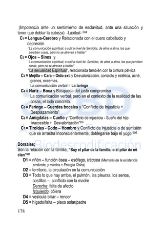 178
(Impotencia ante un sentimiento de esclavitud, ante una situación y
tener que doblar la cabeza). -Laxitud- 604
C1 = Lengua-Cerebro y Relacionada con el cuero cabelludo y
depresión.
“La comunicación espiritual, o sutil a nivel de Sentidos, de alma a alma, las que
perciben cosas, pero no se atreven a hablar”
C2 = Ojos – Sinos y
“La comunicación espiritual, o sutil a nivel de Sentidos, de alma a alma, las que perciben
cosas, pero no se atreven a hablar”
“La sexualidad Espiritual”, relacionada también con la cintura pélvica
C3 = Mejilla – Cara – Oído ext. y Desvalorización, contacto y estética, acné,
granos, eccemas.
La comunicación verbal = La laringe
C4 = Nariz – Boca y Búsqueda del justo compromiso
La comunicación verbal, pero en el contexto de la realidad de las
cosas, el lado concreto.
C5 = Faringe – Cuerdas bocales y “Conflicto de Injusticia +
Desplazamiento”
C6 = Amígdalas – Cuello y “Conflicto de injusticia - Sueño del hijo
inaccesible + Desvalorización”605
C7 = Tiroides - Codo – Hombro y Conflicto de injusticia o de sumisión
que se arrastra Inconscientemente, doblegarse bajo el yugo 606
Dorsales;
Son la relación con la familia, “Soy el pilar de la familia, o el pilar de mi
clan”607
D1 = riñón – función ósea – esófago, tráquea (Memoria de la existencia
profunda, y miedos = Energía China)
D2 = territorio, la circulación en la comunicación
D3 = Todo lo que hay arriba, el pulmón, las pleuras, los senos,
costillas – conflicto con la madre
Derecha: falta de afecto
Izquierdo: cólera
D4 = vesícula biliar – rencor
D5 = hígado/falta – plexo solar/padre
 