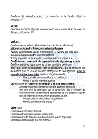 181
Conflicto de desvalorización, con relación a la familia (Real, o
simbólica).619
VIRUS;
Permiten modificar algunas informaciones de la célula (Eso se cree en
Biodescodificación).620
VITÍLIGO;
Conflicto de suciedad + (Permite entrar más luz en el interior)…
¿Qué es más luz? = Padre, o la relación Paterna
“Quiero que mi padre vea el interior de mi”… “Quiero ser más pura”
“no existo para mi madre, soy transparente”
“Estoy separada de su mirada, y separada de una manera fe
Conflicto con un resentir de separación y de algo desagradable.
Conflicto brutal de separación de un ser querido o admirado.
“Hay que lavar lo ensuciado, dar la contraseña”. Es lo contrario del
melanoma que es un escudo para protegerse de una agresión. Aquí se
trata de limpiar la mancha, no de protegerse de ella.
- Nos gustaría ser abrazados y no podemos
- Miedo a que la mancha avance
Conflicto con un resentir de separación y de algo desagradable.
Conflicto brutal de separación de un ser querido o admirado.
“Hay que lavar lo ensuciado, dar la contraseña”. Es lo contrario del
melanoma que es un escudo para protegerse de una agresión. Aquí se
trata de limpiar la mancha, no de protegerse de ella.
- Nos gustaría ser abrazados y no podemos
- Miedo a que la mancha avance 621
VÓMITOS;
Conflicto de motricidad intestinal.
Conflicto de transporte imposible del alimento.
Conflicto de miedo: los niños que tienen miedo, pavor, angustias.
Conflicto de rechazo algo que me imponen.
 