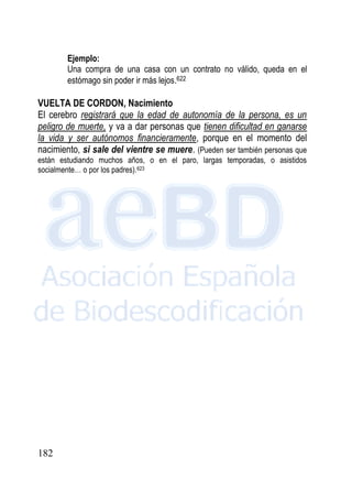 182
Ejemplo:
Una compra de una casa con un contrato no válido, queda en el
estómago sin poder ir más lejos.622
VUELTA DE CORDON, Nacimiento
El cerebro registrará que la edad de autonomía de la persona, es un
peligro de muerte, y va a dar personas que tienen dificultad en ganarse
la vida y ser autónomos financieramente, porque en el momento del
nacimiento, si sale del vientre se muere. (Pueden ser también personas que
están estudiando muchos años, o en el paro, largas temporadas, o asistidos
socialmente… o por los padres).623
 