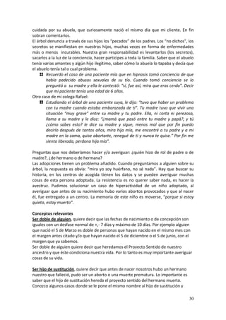 30
cuidada por su abuela, que curiosamente nació el mismo día que mi cliente. En fin
sobran comentarios.
El árbol denuncia a través de sus hijos los “pecados” de los padres. Los “no dichos”, los
secretos se manifiestan en nuestros hijos, muchas veces en forma de enfermedades
más o menos incurables. Nuestra gran responsabilidad es levantarlos (los secretos),
sacarlos a la luz de la conciencia, hacer partícipes a toda la familia. Saber que el abuelo
tenía varias amantes y algún hijo ilegítimo, saber cómo la abuela lo tapaba y decía que
el abuelo tenía tal o cual problema.
Recuerdo el caso de una paciente mía que en hipnosis tomó conciencia de que
había padecido abusos sexuales de su tío. Cuando tomó conciencia se lo
preguntó a su madre y ella le contestó: “sí, fue así, mira que eras cerda”. Decir
que mi paciente tenía una edad de 6 años.
Otro caso de mi colega Rafael:
Estudiando el árbol de una paciente suya, le dijo: “tuvo que haber un problema
con tu madre cuando estaba embarazada de ti”. Tu madre tuvo que vivir una
situación “muy grave” entre su madre y tu padre. Ella, ni corta ni perezosa,
llama a su madre y le dice: “¿mamá que pasó entre tu madre y papá?, y tú
¿cómo sabes esto? le dice su madre y sigue, menos mal que por fin puedo
decirlo después de tantos años, mira hija mía, me encontré a tu padre y a mi
madre en la cama, quise abortarte, renegué de ti y nunca te quise.” Por fin me
siento liberada, perdona hija mía”.
Preguntas que nos deberíamos hacer y/o averiguar: ¿quién hizo de rol de padre o de
madre?, ¿de hermano o de hermana?
Las adopciones tienen un problema añadido. Cuando preguntamos a alguien sobre su
árbol, la respuesta es obvia: “mira yo soy huérfano, no sé nada”. Hay que buscar su
historia, en los centros de acogida tienen los datos y se pueden averiguar muchas
cosas de esta persona adoptada. La resistencia es no querer saber nada, es hacer la
avestruz. Pudimos solucionar un caso de hiperactividad de un niño adoptado, al
averiguar que antes de su nacimiento hubo varios abortos provocados y que al nacer
él, fue entregado a un centro. La memoria de este niño es moverse, “porque si estoy
quieto, estoy muerto”.
Conceptos relevantes
Ser doble de alguien, quiere decir que las fechas de nacimiento o de concepción son
iguales con un desfase normal de +,- 7 días y máximo de 10 días. Por ejemplo alguien
que nació el 5 de Marzo es doble de personas que hayan nacido en el mismo mes con
el margen antes citado y/o que hayan nacido el 5 de diciembre o el 5 de junio, con el
margen que ya sabemos.
Ser doble de alguien quiere decir que heredamos el Proyecto Sentido de nuestro
ancestro y que éste condiciona nuestra vida. Por lo tanto es muy importante averiguar
cosas de su vida.
Ser hijo de sustitución, quiere decir que antes de nacer nosotros hubo un hermano
nuestro que falleció, pudo ser un aborto o una muerte prematura. Lo importante es
saber que el hijo de sustitución hereda el proyecto sentido del hermano muerto.
Conozco algunos casos donde se le pone el mismo nombre al hijo de sustitución y
 