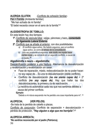 50
ALERGIA GLUTEN; -Conflicto de cohesión familiar-
Pan = Familia (Ambiente familiar)
“Me han echado de mi familia”
“El bebé necesita crecer en el seno de la familia”37
ALGODISTROFIA DE TOBILLO;
En esta lesión hay dos tiempos;
1º. Conflicto de vesícula biliar, vejiga, páncreas y bazo, comentado
En ligamento Lateral Externo
2º. Conflicto que se añade al anterior, con dos posibilidades
a) El conflicto sigue activo. Ha habido esguince, pero el conflicto
sigue activo, es como el retraso de la consolidación.
b) Una vez producido el esguince, este tobillo me impide hacer
ciertas cosas y se convierte en un segundo conflicto, a causa de
mi tobillo.38
Algodistrofia o neuro – algodistrofia;
Descalcificación posterior a una fractura. Alternancia de desvalorización
y revalorización y revalorización sin cesar.
 Fase de reparación, miedo, redesvalorización de no poder hacer:
no soy capaz de… Es una re-desvalorización (doble conflicto).
 Conflicto de desvalorización (no me siento capaz de) + 2º
conflicto (no soy capaz de). Hay que hallar las dos
desvalorizaciones, la primera y la de reactivación.
La recidiva es automática cada vez que nos sentimos débiles a
causa del primer conflicto.
Ejemplo:
“Debido a mi rotura esquiando me he perdido una cosa importante para mí”. 39
ALOPECIA; (VER PELOS)
-Se trata de la perdida de cabello a placas.
Conflicto de conjunción: Conflicto de separación + desvalorización +
pérdida de protección. “Hay alguien o algo que me horripila”.40
ALOPECIA ARREATA;
*No sentirse reconocido por el padre (Patriarca),
 