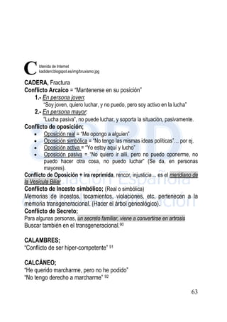 63
Imagen obtenida de Internet
http://euskadident.blogspot.es/img/bruxismo.jpg
CADERA, Fractura
Conflicto Arcaico = “Mantenerse en su posición”
1.- En persona joven:
“Soy joven, quiero luchar, y no puedo, pero soy activo en la lucha”
2.- En persona mayor:
“Lucha pasiva”, no puede luchar, y soporta la situación, pasivamente.
Conflicto de oposición;
 Oposición real = “Me opongo a alguien”
 Oposición simbólica = “No tengo las mismas ideas políticas”… por ej.
 Oposición activa = “Yo estoy aquí y lucho”
 Oposición pasiva = “No quiero ir allí, pero no puedo oponerme, no
puedo hacer otra cosa, no puedo luchar” (Se da, en personas
mayores).
Conflicto de Oposición + ira reprimida, rencor, injusticia… es el meridiano de
la Vesícula Biliar
Conflicto de Incesto simbólico; (Real o simbólica)
Memorias de incestos, tocamientos, violaciones, etc, pertenecen a la
memoria transgeneracional. (Hacer el árbol genealógico).
Conflicto de Secreto;
Para algunas personas, un secreto familiar, viene a convertirse en artrosis
Buscar también en el transgeneracional.90
CALAMBRES;
“Conflicto de ser hiper-competente” 91
CALCÁNEO;
“He querido marcharme, pero no he podido”
“No tengo derecho a marcharme” 92
C
 