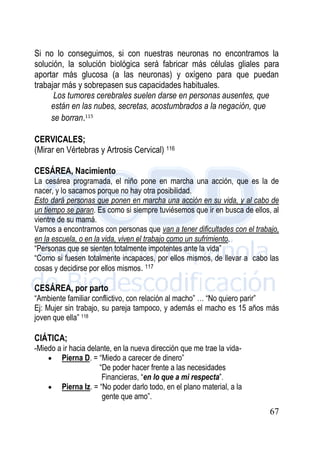 67
Si no lo conseguimos, si con nuestras neuronas no encontramos la
solución, la solución biológica será fabricar más células gliales para
aportar más glucosa (a las neuronas) y oxígeno para que puedan
trabajar más y sobrepasen sus capacidades habituales.
Los tumores cerebrales suelen darse en personas ausentes, que
están en las nubes, secretas, acostumbrados a la negación, que
se borran.115
CERVICALES;
(Mirar en Vértebras y Artrosis Cervical) 116
CESÁREA, Nacimiento
La cesárea programada, el niño pone en marcha una acción, que es la de
nacer, y lo sacamos porque no hay otra posibilidad.
Esto dará personas que ponen en marcha una acción en su vida, y al cabo de
un tiempo se paran. Es como si siempre tuviésemos que ir en busca de ellos, al
vientre de su mamá.
Vamos a encontrarnos con personas que van a tener dificultades con el trabajo,
en la escuela, o en la vida, viven el trabajo como un sufrimiento.
“Personas que se sienten totalmente impotentes ante la vida”
“Como si fuesen totalmente incapaces, por ellos mismos, de llevar a cabo las
cosas y decidirse por ellos mismos. 117
CESÁREA, por parto
“Ambiente familiar conflictivo, con relación al macho” … “No quiero parir”
Ej: Mujer sin trabajo, su pareja tampoco, y además el macho es 15 años más
joven que ella” 118
CIÁTICA;
-Miedo a ir hacia delante, en la nueva dirección que me trae la vida-
 Pierna D. = “Miedo a carecer de dinero”
“De poder hacer frente a las necesidades
Financieras, “en lo que a mi respecta”.
 Pierna Iz. = “No poder darlo todo, en el plano material, a la
gente que amo”.
 