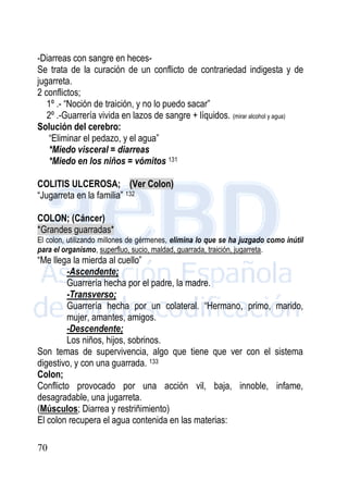 70
-Diarreas con sangre en heces-
Se trata de la curación de un conflicto de contrariedad indigesta y de
jugarreta.
2 conflictos;
1º .- “Noción de traición, y no lo puedo sacar”
2º .-Guarrería vivida en lazos de sangre + líquidos. (mirar alcohol y agua)
Solución del cerebro:
“Eliminar el pedazo, y el agua”
*Miedo visceral = diarreas
*Miedo en los niños = vómitos 131
COLITIS ULCEROSA; (Ver Colon)
“Jugarreta en la familia” 132
COLON; (Cáncer)
*Grandes guarradas*
El colon, utilizando millones de gérmenes, elimina lo que se ha juzgado como inútil
para el organismo, superfluo, sucio, maldad, guarrada, traición, jugarreta.
“Me llega la mierda al cuello”
-Ascendente;
Guarrería hecha por el padre, la madre.
-Transverso;
Guarrería hecha por un colateral. “Hermano, primo, marido,
mujer, amantes, amigos.
-Descendente;
Los niños, hijos, sobrinos.
Son temas de supervivencia, algo que tiene que ver con el sistema
digestivo, y con una guarrada. 133
Colon;
Conflicto provocado por una acción vil, baja, innoble, infame,
desagradable, una jugarreta.
(Músculos; Diarrea y restriñimiento)
El colon recupera el agua contenida en las materias:
 