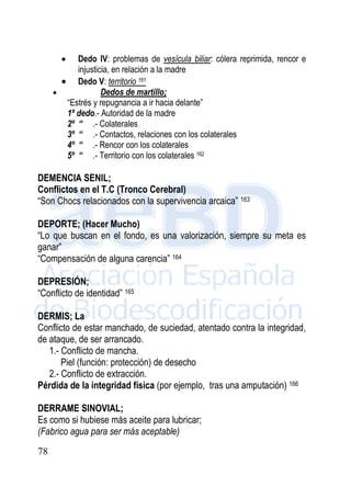 78
 Dedo IV: problemas de vesícula biliar: cólera reprimida, rencor e
injusticia, en relación a la madre
 Dedo V: territorio 161
 Dedos de martillo;
“Estrés y repugnancia a ir hacia delante”
1º dedo.- Autoridad de la madre
2º “ .- Colaterales
3º “ .- Contactos, relaciones con los colaterales
4º “ .- Rencor con los colaterales
5º “ .- Territorio con los colaterales 162
DEMENCIA SENIL;
Conflictos en el T.C (Tronco Cerebral)
“Son Chocs relacionados con la supervivencia arcaica” 163
DEPORTE; (Hacer Mucho)
“Lo que buscan en el fondo, es una valorización, siempre su meta es
ganar”
“Compensación de alguna carencia” 164
DEPRESIÓN;
“Conflicto de identidad” 165
DERMIS; La
Conflicto de estar manchado, de suciedad, atentado contra la integridad,
de ataque, de ser arrancado.
1.- Conflicto de mancha.
Piel (función: protección) de desecho
2.- Conflicto de extracción.
Pérdida de la integridad física (por ejemplo, tras una amputación) 166
DERRAME SINOVIAL;
Es como si hubiese más aceite para lubricar;
(Fabrico agua para ser más aceptable)
 