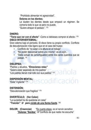 81
“Prohibido alimentar mi agresividad”.
Dolores en los dientes;
Le duelen los dientes desde que empezó un régimen. Se
comería todo lo que ve pero no puede.
“Quiere atrapar el pedazo”. 175
DINERO;
“Tiene que ver con el afecto” -Como si debieses comprar el afecto- 176
DISCO INTERVERTEBRAL;
Gran edema bajo el periostio. El disco tiene su propio conflicto. Conflicto
de desvalorización más ligero que en el caso del hueso:
• Conflicto de “no estar a la altura en el trabajo”
• “No poder descansar sobre uno mismo”: es el cojín..
• “Debo actuar de (amortiguador) entre dos seres queridos que se
pelean. 18
DISLEPSIA;
“Padres y abuelos, “Emociones rotas”
“Quiero estar separado de mis padres”
“Los padres tienen mal rollo con sus padres” 177
DISPERSIÓN MENTAL;
“Estar Vigilante” 178
DISTENSIÓN;
“Desvalorización que fragiliza” 179
DIVERTÍCULO; (Ver Colon)
“La suciedad ha de quedarse en casa”
“Traición”  pero vivido de una forma fuerte. 180
DOLOR; (Creencias) *Es cuarta etapa, es el nervio sensitivo
*Dolores “Sordos” ”Conflicto de que nadie me escucha”
 