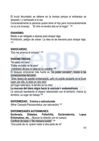 85
El óvulo fecundado se detiene en la trompa porque el embarazo es
deseado / y rechazado a la vez.
Conscientemente la persona quiere tener el hijo pero inconscientemente
no (o a la inversa). “El niño no tendrá sitio en el hogar”. 192
ENANISMO;
Miedo a ser obligado a alzarse para atrapar algo.
Prohibición, peligro de crecer. La idea es de elevarse para atrapar algo.
193
ENDOCARDIO;
“Eso me arranca el corazón”.194
ENDOMETRIOSIS;
“No estoy en casa”
“Estoy excluida de la casa”
-Impresión de que la casa no es nuestra- 195
El bloqueo emocional más fuerte es “no poder concebir”, miedo a las
consecuencias del parto.
“Gran deseo de quedar embarazada, pero no puedo acogerlo en el buen
lugar; por ello, lo alojo en otro sitio”
(el hogar está lejos; la familia se ha roto).
La mucosa del útero migra hacia la vesícula = endometriosis.
La vesícula representa el órgano relacionado con el territorio, marca su
territorio, su lugar de trabajo.196
ENFERMEDAD; Crónica o estructurada
(Mirar Cascada Psicosomática, por saturación) 197
ENFERMEDADES AUTOINMUNES;
Esclerosis, Diabetes, Poliartritis, Esclerodermia, Lupus
Eritomatoso, etc… (Buscar la relación con el cuerpo)
Conflicto de base = “No merezco existir” 198
“Una parte de mi, quiere matar a otra parte de mi”
 