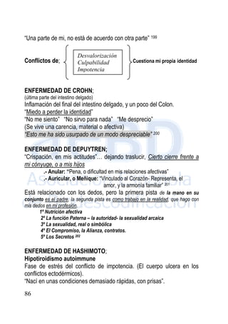 86
“Una parte de mi, no está de acuerdo con otra parte” 199
Conflictos de; Cuestiona mi propia identidad
ENFERMEDAD DE CROHN;
(última parte del intestino delgado)
Inflamación del final del intestino delgado, y un poco del Colon.
“Miedo a perder la identidad”
“No me siento” “No sirvo para nada” “Me desprecio”
(Se vive una carencia, material o afectiva)
“Esto me ha sido usurpado de un modo despreciable” 200
ENFERMEDAD DE DEPUYTREN;
“Crispación, en mis actitudes”… dejando traslucir, Cierto cierre frente a
mi cónyuge, o a mis hijos
.- Anular: “Pena, o dificultad en mis relaciones afectivas”
.- Auricular, o Meñique: “Vinculado al Corazón- Representa, el
amor, y la armonía familiar” 201
Está relacionado con los dedos, pero la primera pista de la mano en su
conjunto es el padre, la segunda pista es como trabajo en la realidad, que hago con
mis dedos en mi profesión.
1º Nutrición afectiva
2º La función Paterna – la autoridad- la sexualidad arcaica
3º La sexualidad, real o simbólica
4º El Compromiso, la Alianza, contratos.
5º Los Secretos 202
ENFERMEDAD DE HASHIMOTO;
Hipotiroidismo autoimmune
Fase de estrés del conflicto de impotencia. (El cuerpo ulcera en los
conflictos ectodérmicos).
“Nací en unas condiciones demasiado rápidas, con prisas”.
Desvalorización
Culpabilidad
Impotencia
 