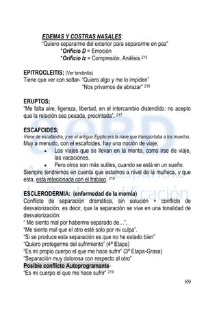 89
EDEMAS Y COSTRAS NASALES:
“Quiero separarme del exterior para separarme en paz”
*Orificio D = Emoción
*Orificio Iz = Compresión, Análisis.215
EPITROCLEITIS; (Ver tendinitis)
Tiene que ver con soltar- “Quiero algo y me lo impiden”
“Nos privamos de abrazar” 216
ERUPTOS;
“Me falta aire, ligereza, libertad, en el intercambio distendido: no acepto
que la relación sea pesada, precintada”. 217
ESCAFOIDES;
Viene de escafandra, y en el antiguo Egipto era la nave que transportaba a los muertos.
Muy a menudo, con el escafoides, hay una noción de viaje;
 Los viajes que se llevan en la mente, como irse de viaje,
las vacaciones.
 Pero otros son más sutiles, cuando se está en un sueño.
Siempre tendremos en cuenta que estamos a nivel de la muñeca, y que
esta, está relacionada con el trabajo. 218
ESCLERODERMIA: (enfermedad de la momia)
Conflicto de separación dramática, sin solución + conflicto de
desvalorización, es decir, que la separación se vive en una tonalidad de
desvalorización:
“ Me siento mal por haberme separado de…”,
“Me siento mal que el otro esté solo por mi culpa”.
“Si se produce esta separación es que no he estado bien”
“Quiero protegerme del sufrimiento” (4ª Etapa)
“Es mi propio cuerpo el que me hace sufrir” (3ª Etapa-Grasa)
“Separación muy dolorosa con respecto al otro”
Posible conflicto Autoprogramante-
“Es mi cuerpo el que me hace sufrir” 219
 