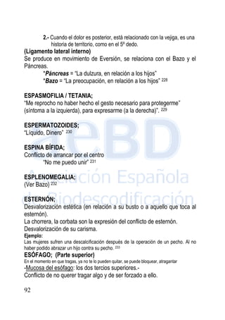 92
2.- Cuando el dolor es posterior, está relacionado con la vejiga, es una
historia de territorio, como en el 5º dedo.
(Ligamento lateral interno)
Se produce en movimiento de Eversión, se relaciona con el Bazo y el
Páncreas.
*Páncreas = “La dulzura, en relación a los hijos”
*Bazo = “La preocupación, en relación a los hijos” 228
ESPASMOFILIA / TETANIA;
“Me reprocho no haber hecho el gesto necesario para protegerme”
(síntoma a la izquierda), para expresarme (a la derecha)”. 229
ESPERMATOZOIDES;
“Líquido, Dinero” 230
ESPINA BÍFIDA;
Conflicto de arrancar por el centro
“No me puedo unir” 231
ESPLENOMEGALIA;
(Ver Bazo) 232
ESTERNÓN;
Desvalorización estética (en relación a su busto o a aquello que toca al
esternón).
La chorrera, la corbata son la expresión del conflicto de esternón.
Desvalorización de su carisma.
Ejemplo:
Las mujeres sufren una descalcificación después de la operación de un pecho. Al no
haber podido abrazar un hijo contra su pecho. 233
ESÓFAGO; (Parte superior)
En el momento en que tragas, ya no te lo pueden quitar, se puede bloquear, atragantar
-Mucosa del esófago: los dos tercios superiores.-
Conflicto de no querer tragar algo y de ser forzado a ello.
 