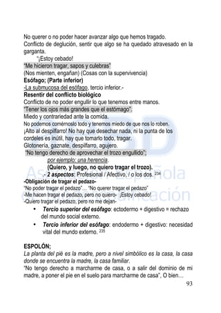 93
No querer o no poder hacer avanzar algo que hemos tragado.
Conflicto de deglución, sentir que algo se ha quedado atravesado en la
garganta.
“¡Estoy cebado!
“Me hicieron tragar, sapos y culebras”
(Nos mienten, engañan) (Cosas con la supervivencia)
Esófago; (Parte inferior)
-La submucosa del esófago, tercio inferior.-
Resentir del conflicto biológico
Conflicto de no poder engullir lo que tenemos entre manos.
“Tener los ojos más grandes que el estómago”.
Miedo y contrariedad ante la comida.
No podemos comérnoslo todo y tenemos miedo de que nos lo roben.
¡Alto al despilfarro! No hay que desechar nada, ni la punta de los
cordeles es inútil, hay que tomarlo todo, tragar.
Glotonería, gaznate, despilfarro, agujero.
“No tengo derecho de aprovechar el trozo engullido”;
por ejemplo: una herencia.
(Quiero, y luego, no quiero tragar el trozo).
.- 2 aspectos: Profesional / Afectivo, / o los dos. 234
-Obligación de tragar el pedazo-
“No poder tragar el pedazo”… “No querer tragar el pedazo”
-Me hacen tragar el pedazo, pero no quiero- ¡Estoy cebado!
-Quiero tragar el pedazo, pero no me dejan-
• Tercio superior del esófago: ectodermo + digestivo = rechazo
del mundo social externo.
• Tercio inferior del esófago: endodermo + digestivo: necesidad
vital del mundo externo. 235
ESPOLÓN;
La planta del pié es la madre, pero a nivel simbólico es la casa, la casa
donde se encuentra la madre, la casa familiar.
“No tengo derecho a marcharme de casa, o a salir del dominio de mi
madre, a poner el pie en el suelo para marcharme de casa”, O bien…
 