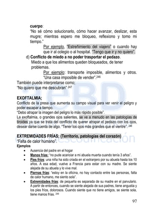 97
cuerpo:
“No sé cómo solucionarlo, cómo hacer avanzar, deslizar, esta
mugre; mientras espero me bloqueo, reflexiono y tomo mi
tiempo.”
Por ejemplo, “Estreñimiento del viajero” o cuando hay
que ir al colegio o al hospital. “Tengo que ir y no quiero”.
d) Conflicto de miedo a no poder trasportar el pedazo.
Miedo a que los alimentos queden bloqueados, de tener
problemas.
Por ejemplo: transporte imposible, alimentos y otros.
“Una casa imposible de vender”.246
También puede interpretarse como;
“No quiero que me descubran” 247
EXOFTALMIA;
Conflicto de la presa que aumenta su campo visual para ver venir el peligro y
poder escapar a tiempo.
“Debo atrapar la imagen del peligro lo más rápido posible”.
La exoftalmia, o grandes ojos salientes, se ve a menudo en las patologías de
tiroides ya que se trata del conflicto de querer atrapar el pedazo con los ojos,
desear darse cuenta de algo. “Tener los ojos más grandes que el vientre”. 248
EXTREMIDADES FRÍAS; (Territorio, patologías del corazón)
“Falta de calor humano”.
Ejemplos
 Ausencia del padre en el hogar
 Manos frías: “no pude acariciar a mi abuela muerta cuando tenía 3 años”.
 Pies fríos: una niña ha sido criada en el extranjero por su abuela hasta los 10
años. A esa edad, vuelve a Francia para estar con su madre. Se siente
alejada de su abuela y lo vive mal.
 Piernas frías: “estoy en la oficina, no hay contacto entre las personas, falta
de calor humano, me siento sola”.
 Extremidades frías: de pequeña es separada de su madre en el parvulario.
A partir de entonces, cuando se siente alejada de sus padres, tiene angustia y
los pies fríos, dolorosos. Cuando siente que no tiene amigos, se siente sola,
tiene manos frías. 249
 