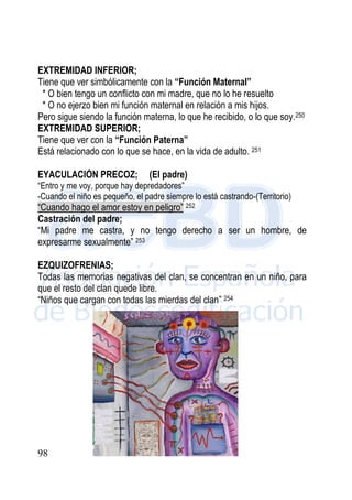 98
EXTREMIDAD INFERIOR;
Tiene que ver simbólicamente con la “Función Maternal”
* O bien tengo un conflicto con mi madre, que no lo he resuelto
* O no ejerzo bien mi función maternal en relación a mis hijos.
Pero sigue siendo la función materna, lo que he recibido, o lo que soy.250
EXTREMIDAD SUPERIOR;
Tiene que ver con la “Función Paterna”
Está relacionado con lo que se hace, en la vida de adulto. 251
EYACULACIÓN PRECOZ; (El padre)
“Entro y me voy, porque hay depredadores”
-Cuando el niño es pequeño, el padre siempre lo está castrando-(Territorio)
“Cuando hago el amor estoy en peligro” 252
Castración del padre;
“Mi padre me castra, y no tengo derecho a ser un hombre, de
expresarme sexualmente” 253
EZQUIZOFRENIAS;
Todas las memorias negativas del clan, se concentran en un niño, para
que el resto del clan quede libre.
“Niños que cargan con todas las mierdas del clan” 254
 