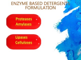 16
ENZYME BASED DETERGENTS
FORMULATION
Proteases
Amylases
Lipases
Celluloses
 