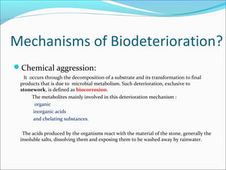 Mechanisms of Biodeterioration?
Chemical aggression:
It occurs through the decomposition of a substrate and its transformation to final
products that is due to microbial metabolism. Such deterioration, exclusive to
stonework, is defined as biocorrosion.
The metabolites mainly involved in this deterioration mechanism :
organic
inorganic acids
and chelating substances.
The acids produced by the organisms react with the material of the stone, generally the
insoluble salts, dissolving them and exposing them to be washed away by rainwater.
 