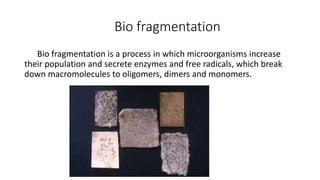 Bio fragmentation
Bio fragmentation is a process in which microorganisms increase
their population and secrete enzymes and free radicals, which break
down macromolecules to oligomers, dimers and monomers.
 