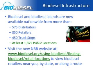 Biodiesel Infrastructure

• Biodiesel and biodiesel blends are now
  available nationwide from more than:
  – 575 Distributors
  – 850 Retailers
  – 450 Truck Stops
  – At least 1,875 Public Locations
• Visit the new NBB website at:
  www.biodiesel.org/using-biodiesel/finding-
  biodiesel/retail-locations to view biodiesel
  retailers near you, by state, or along a route
 